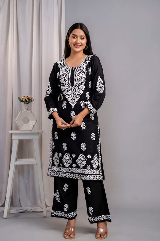 BLACK Chikankari Kurti and Plazzo Set for Girls and Women (Modal Kurti)