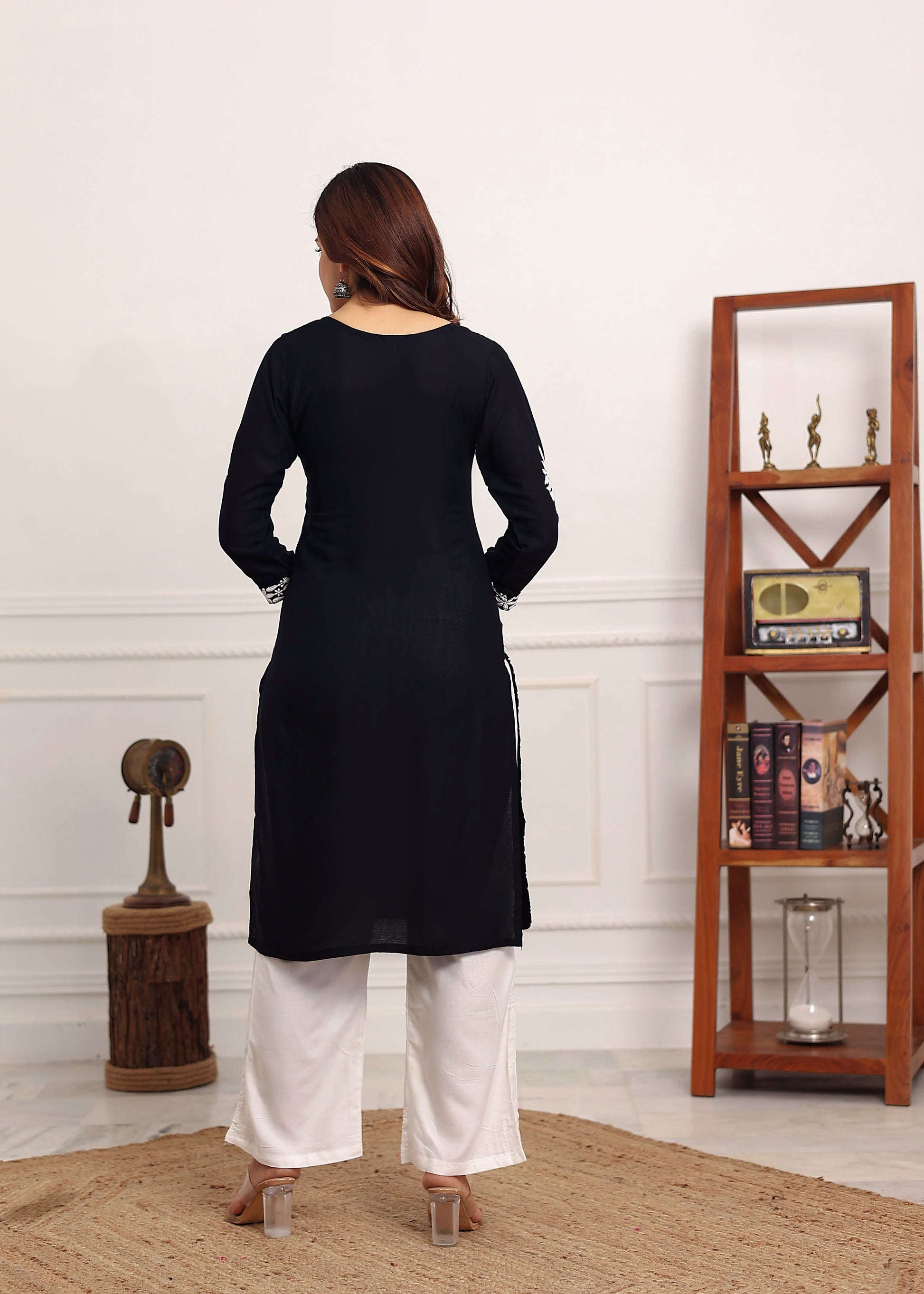 BLACK Elegant Chikankari Below Knee Length Kurti Plazo Set Perfect For All Occasion