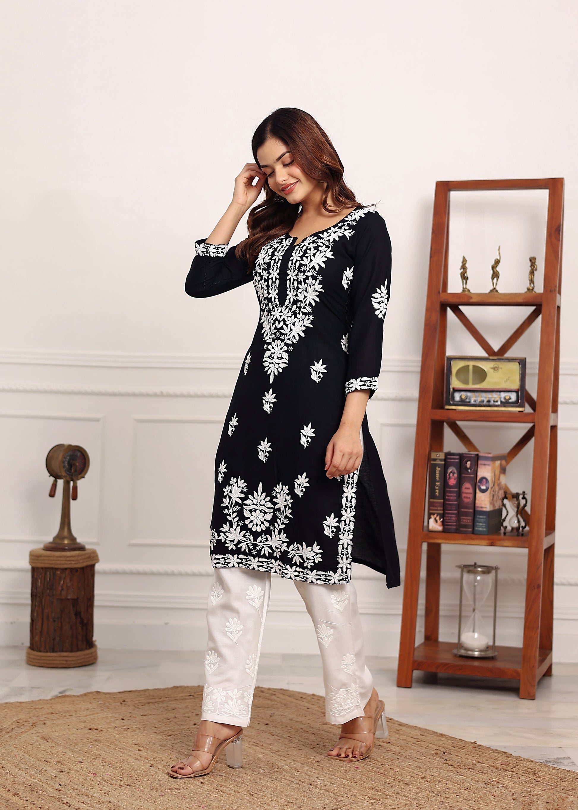 BLACK Elegant Chikankari Below Knee Length Kurti Plazo Set Perfect For All Occasion