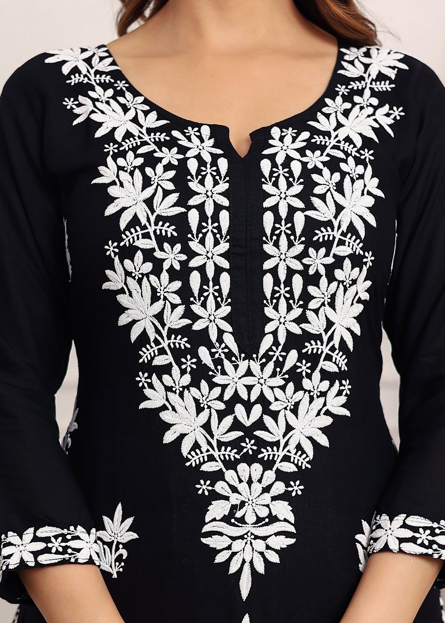 BLACK Elegant Chikankari Below Knee Length Kurti Plazo Set Perfect For All Occasion