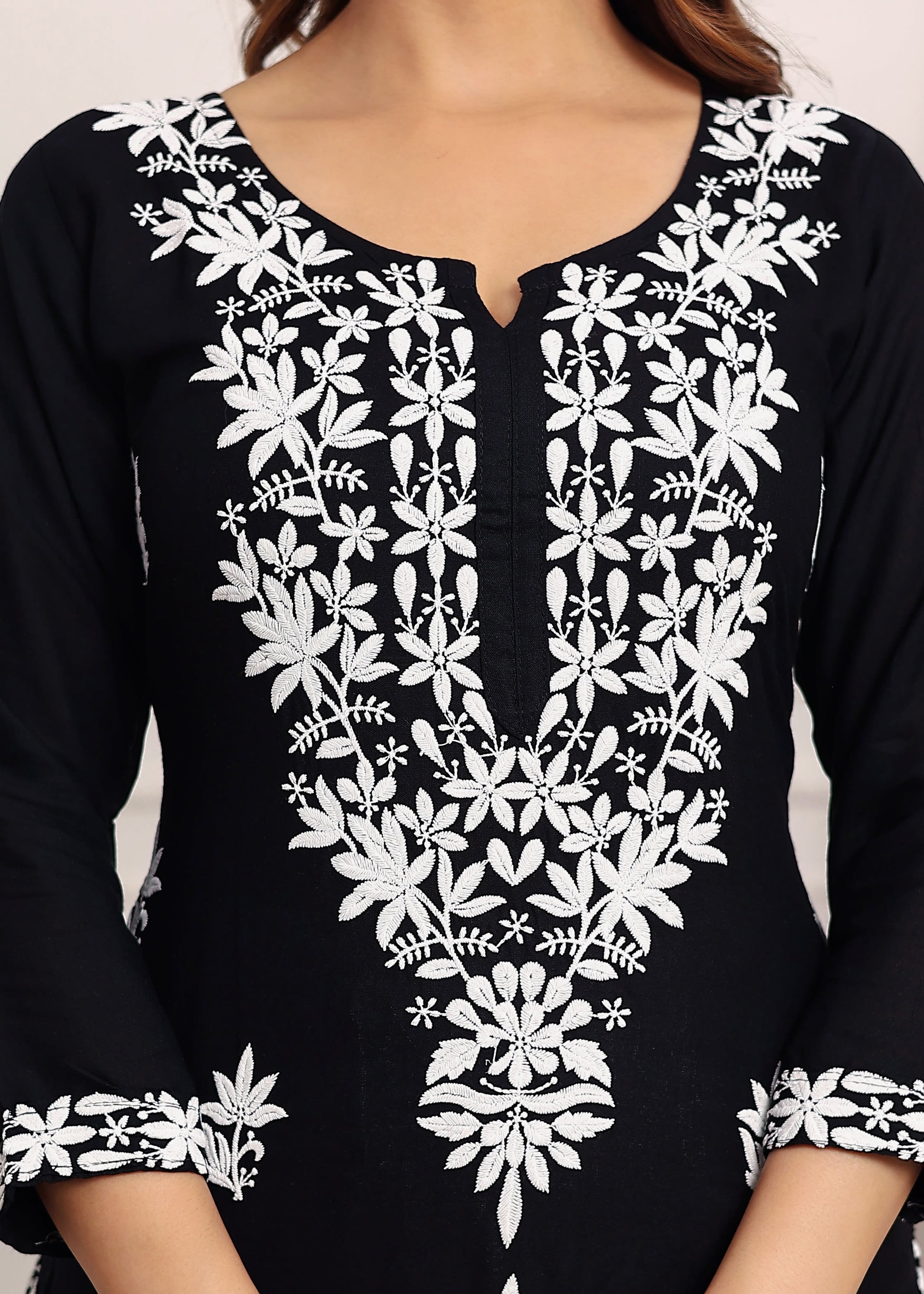 BLACK Elegant Chikankari Below Knee Length Kurti Plazo Set Perfect For All Occasion