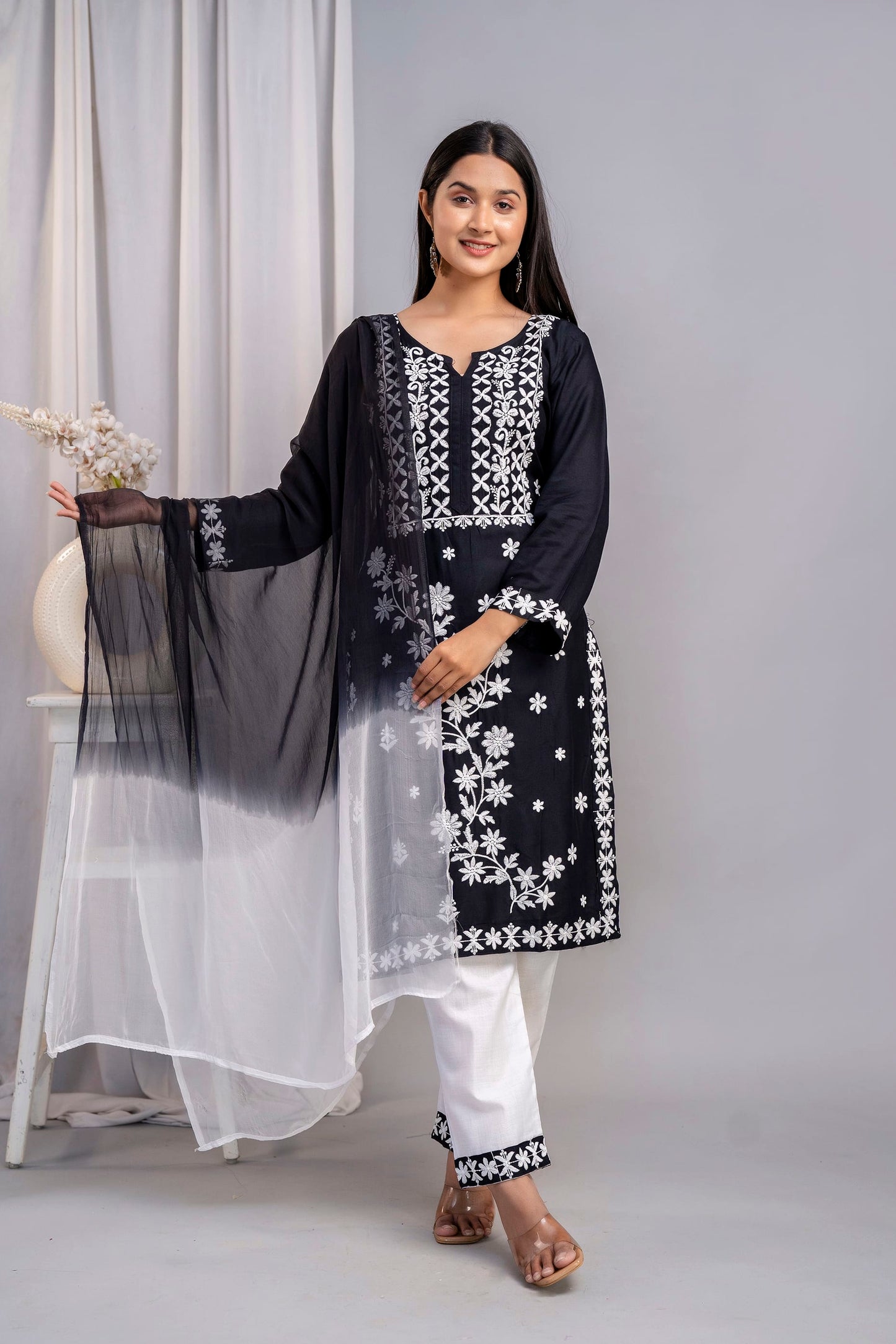 BLACK Elegant Embroidered Kurta Set with Dupatta for Women