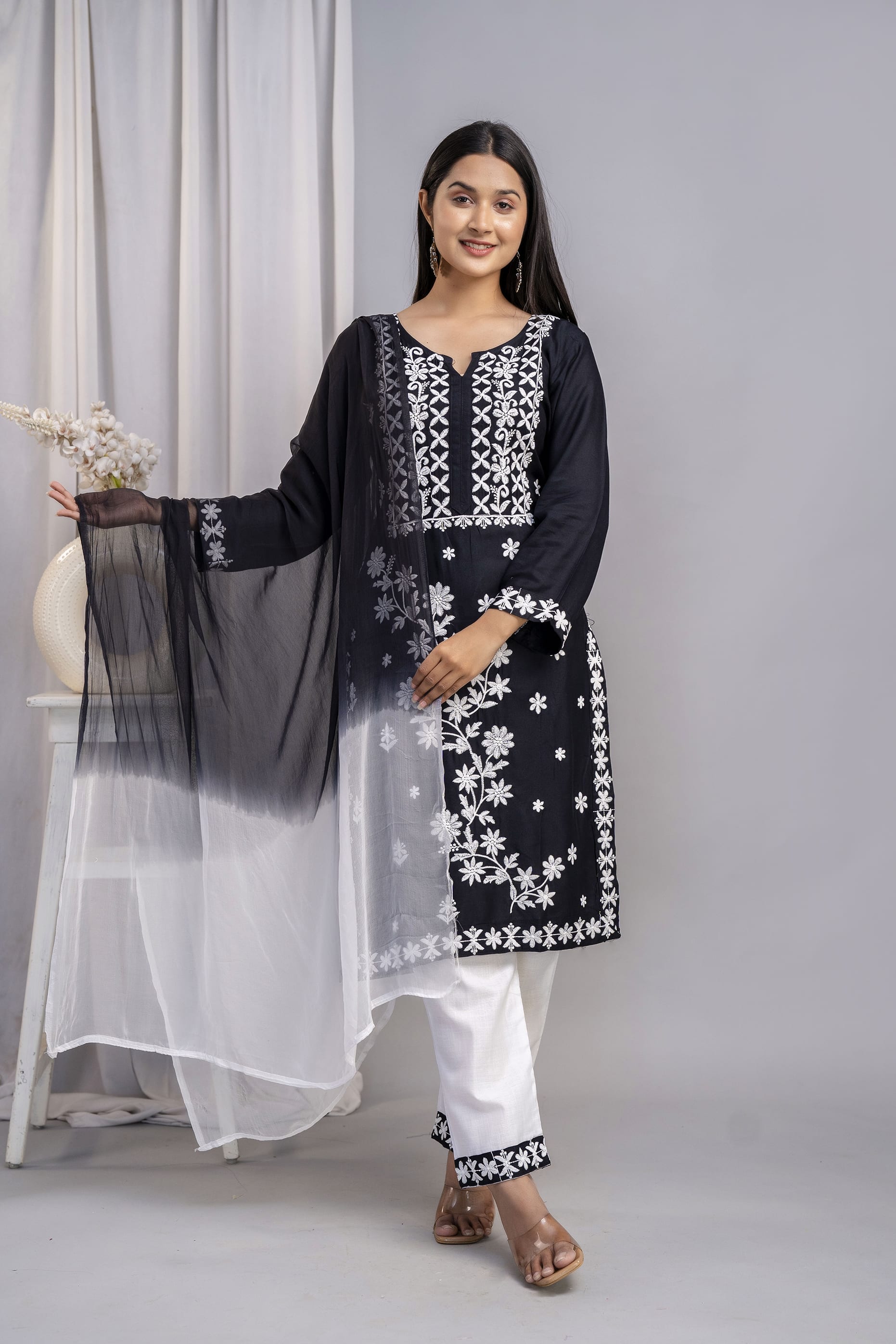 BLACK Elegant Embroidered Kurta Set with Dupatta for Women
