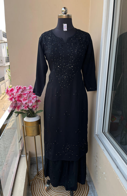BLACK Floral Embroidered Notch-Neck Chikankari Kurta With Palazzos