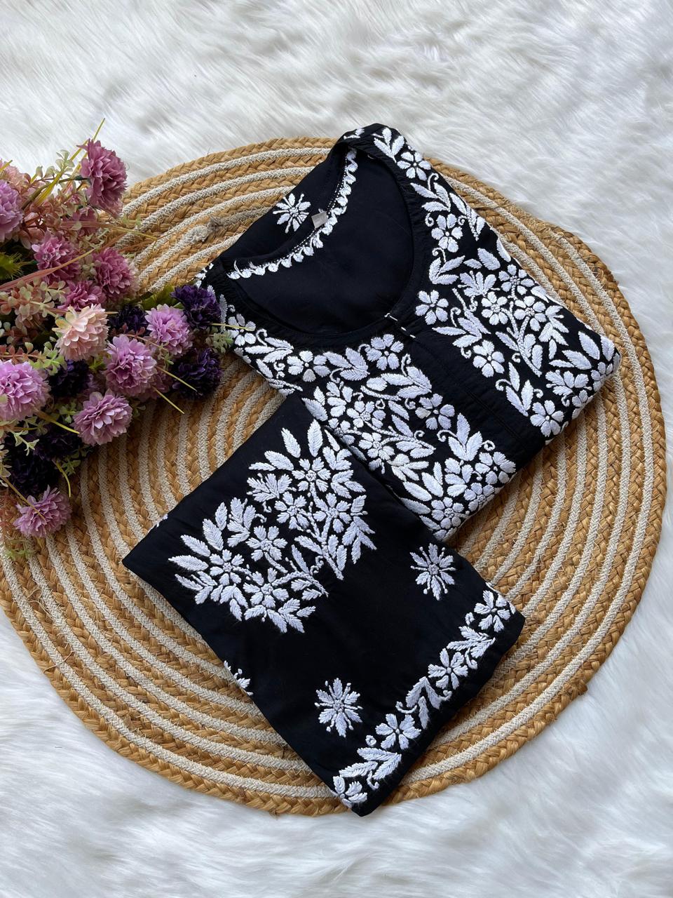 BLACK Long Chikankari Work Latest Rayon kurti wirh plazo set