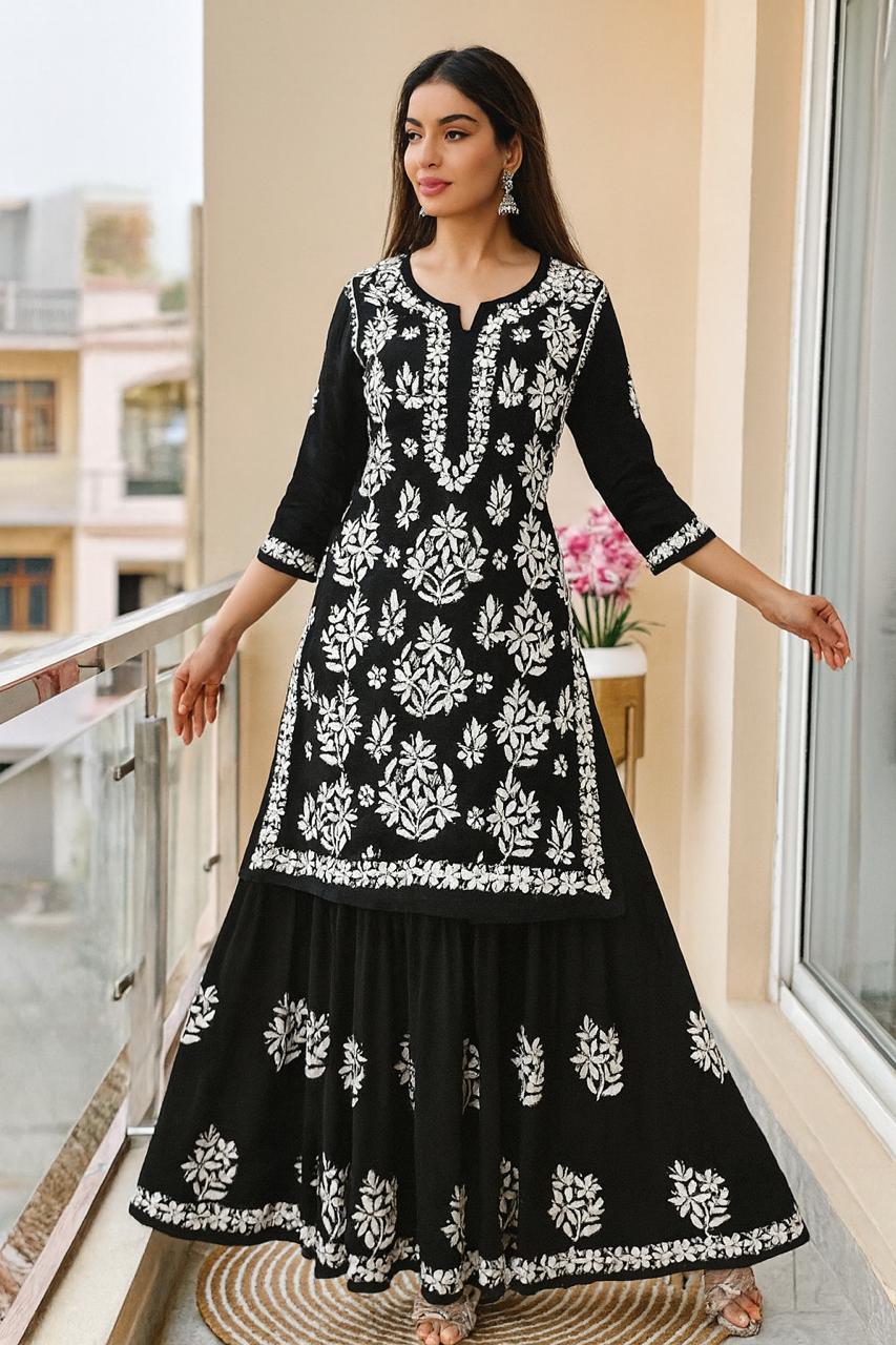 BLACK NEW STYLISH KURTA AND SARARA SET