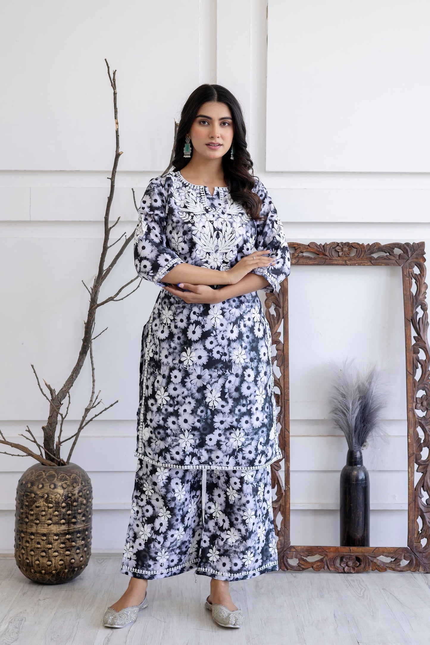 BLACK Original Chikankari Kurties With Mulmul Cotton Plazzo