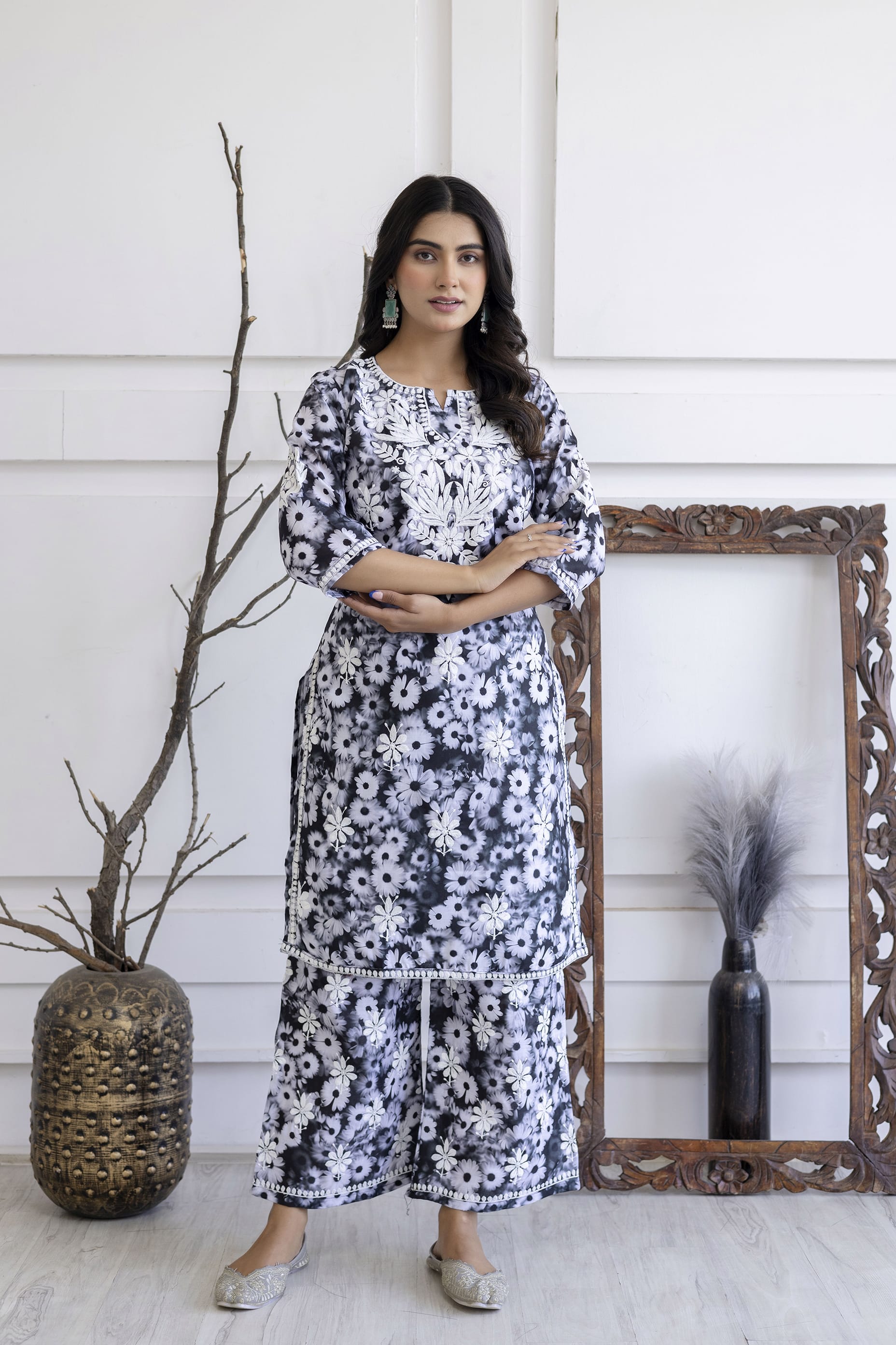 BLACK Original Chikankari Kurties With Mulmul Cotton Plazzo