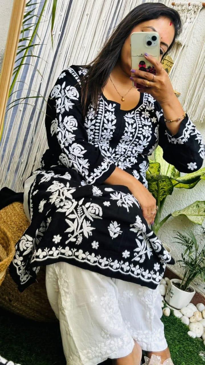 BLACK PURE RAYON ROSE MODAL KURTI WITH HEAVY WORK ON DAMAN AND SLEEVES AND PLAZZO SET