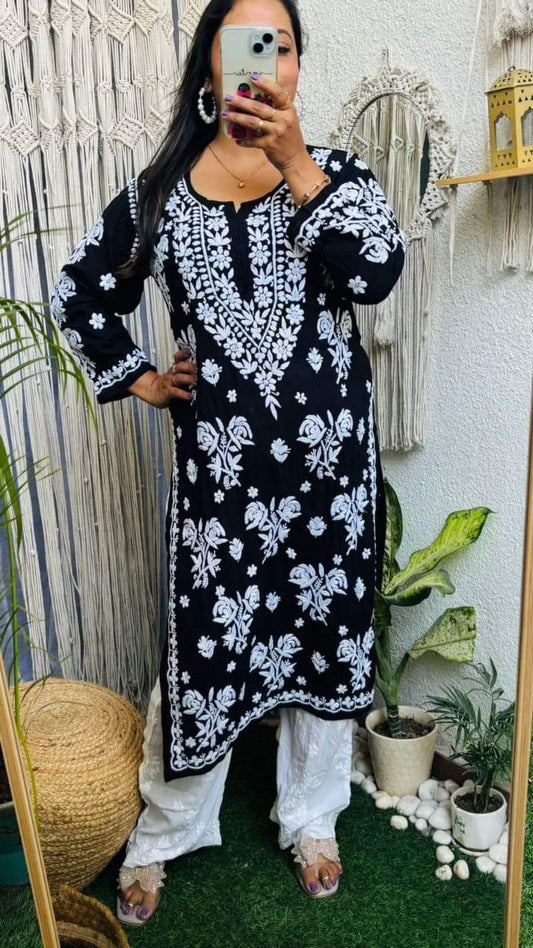 BLACK PURE RAYON ROSE MODAL KURTI WITH HEAVY WORK ON DAMAN AND SLEEVES AND PLAZZO SET