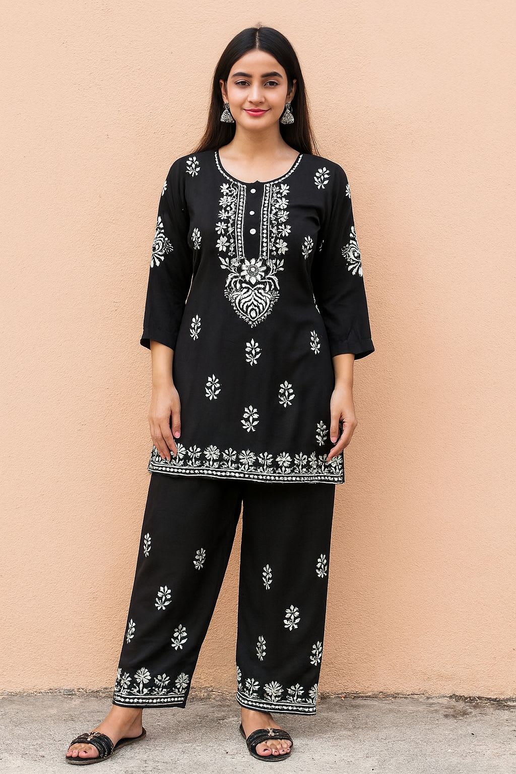 BLACK Premium Reyon Fabric cord-Sets With Beautifully Chikankari Embroidery Work