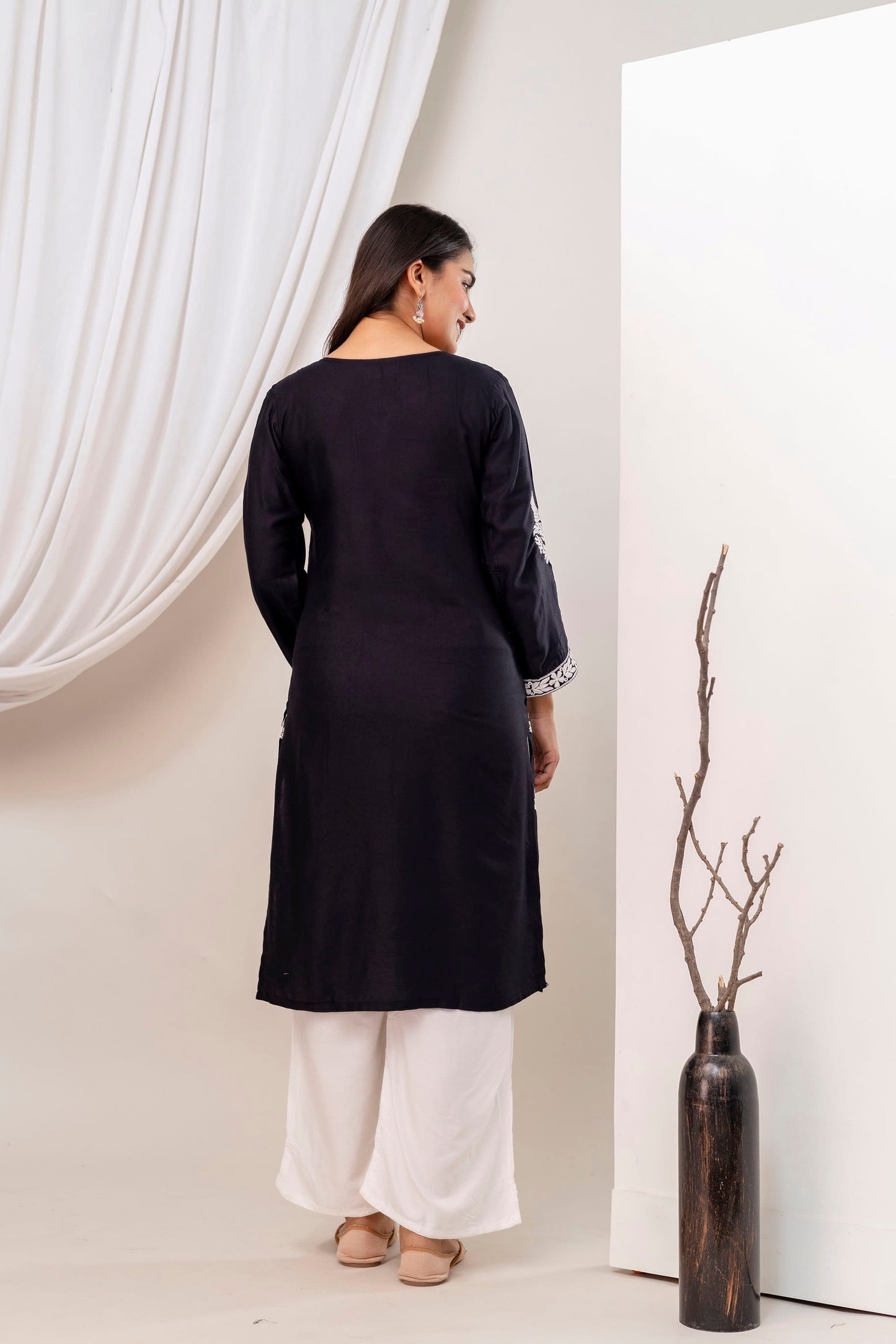 BLACK Women Embroidered Chikankari Modal Kurta Set