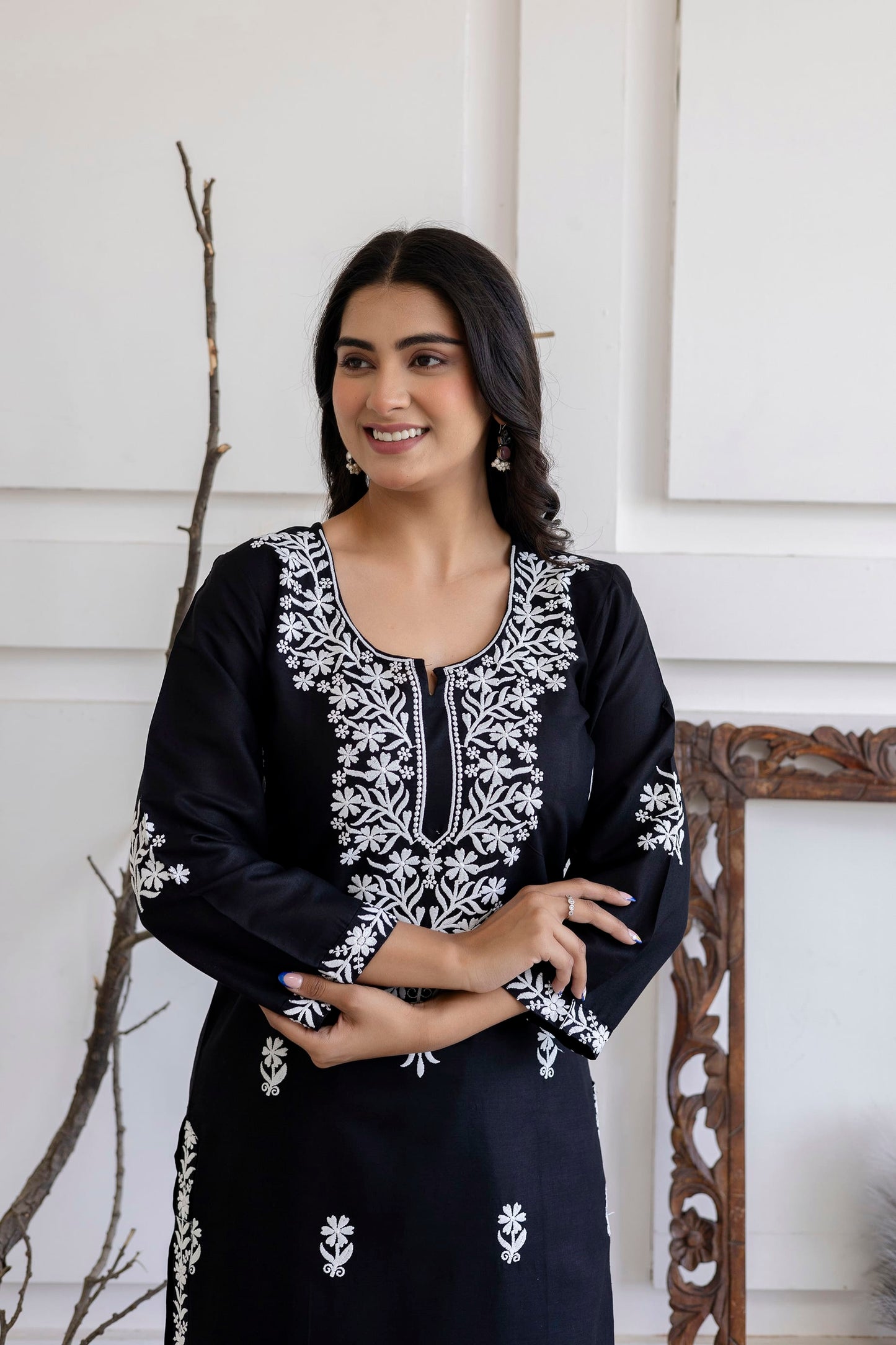 BLACK Women Embroidered Straight Kurta & Palazzos Set