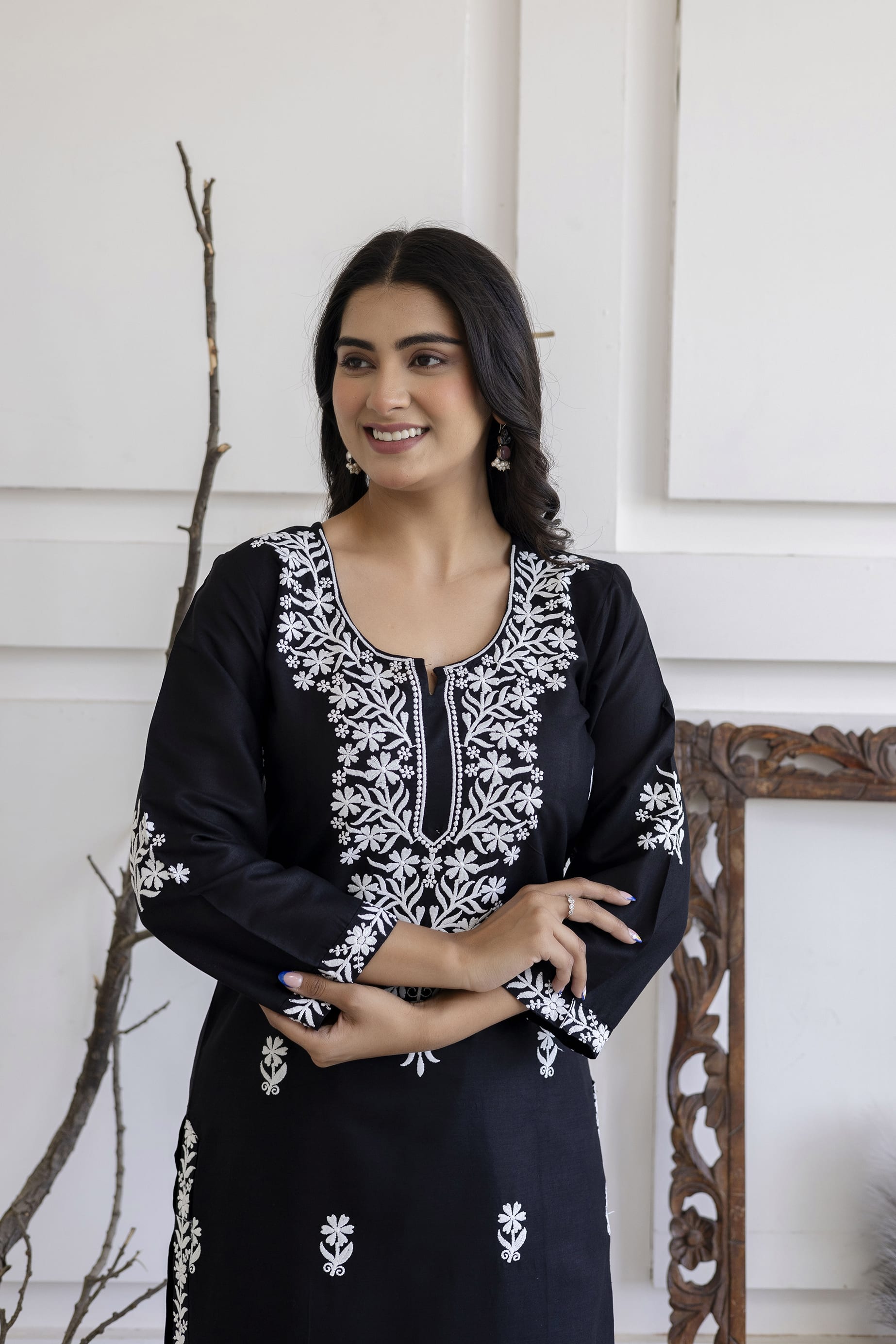 BLACK Women Embroidered Straight Kurta & Palazzos Set