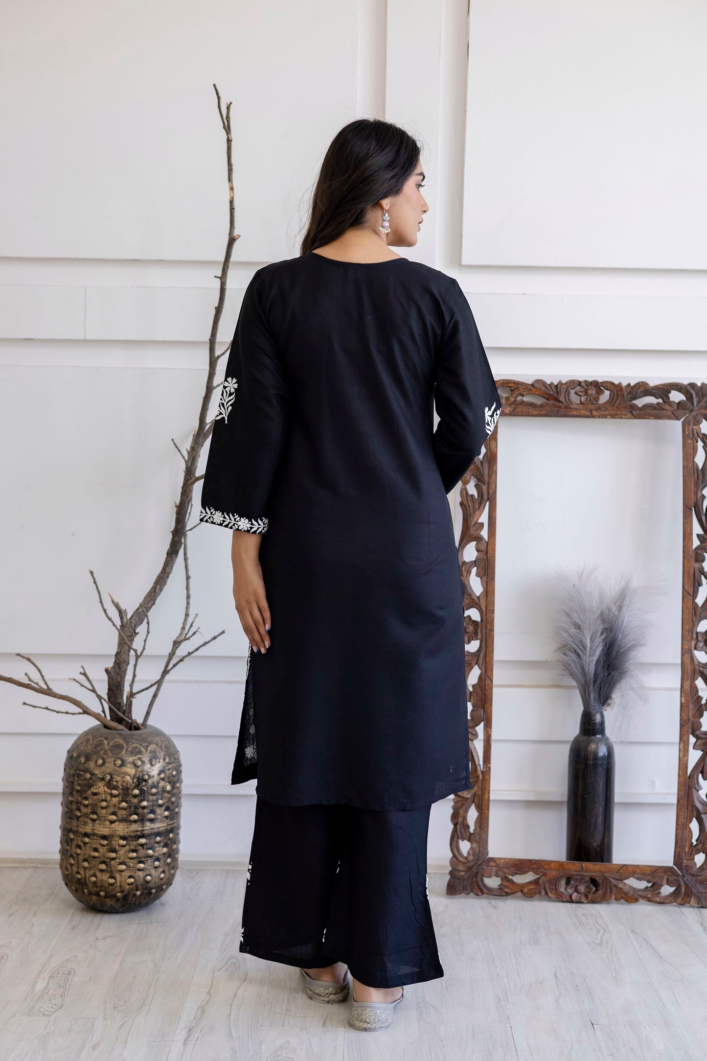 BLACK Women Embroidered Straight Kurta & Palazzos Set