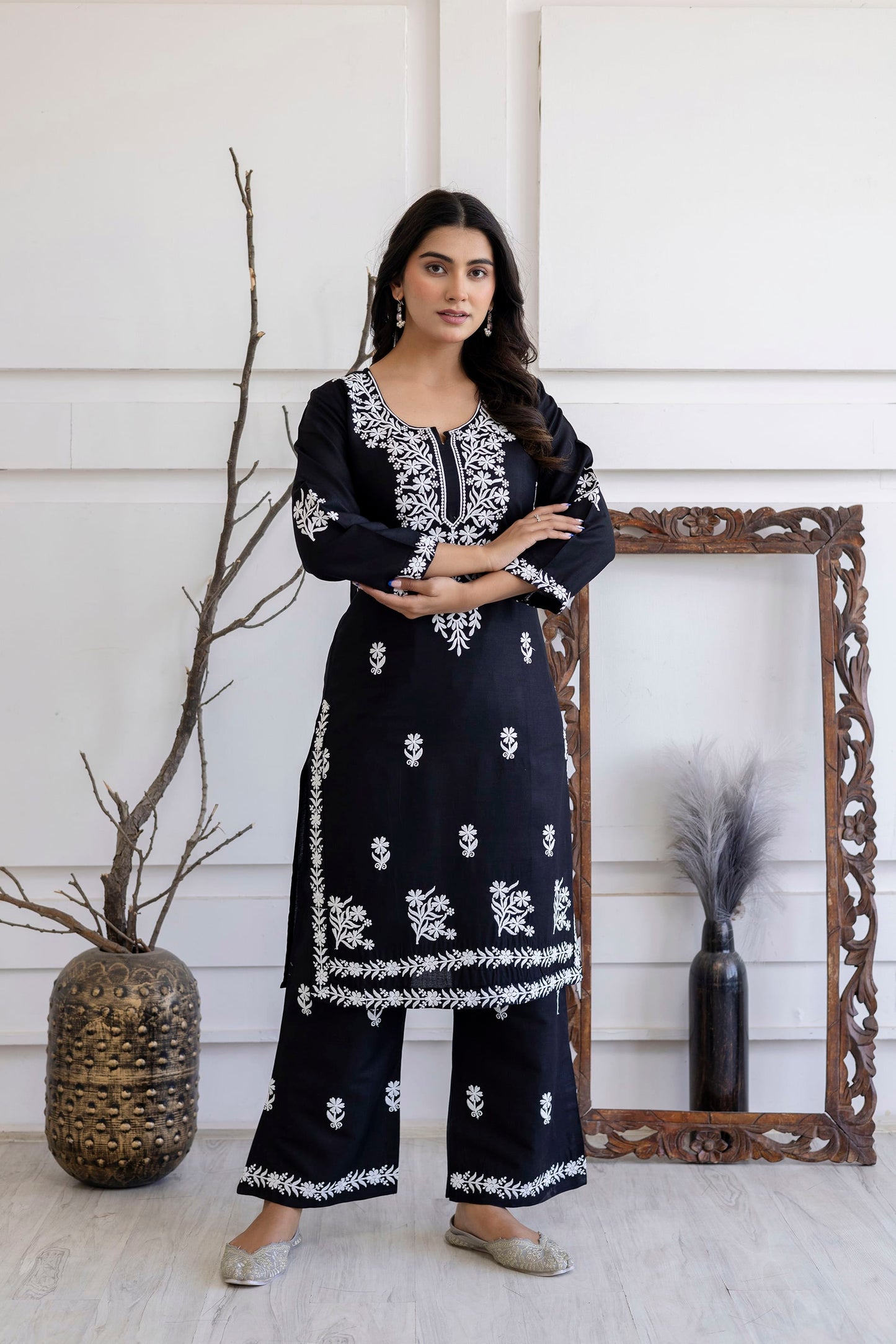 BLACK Women Embroidered Straight Kurta & Palazzos Set