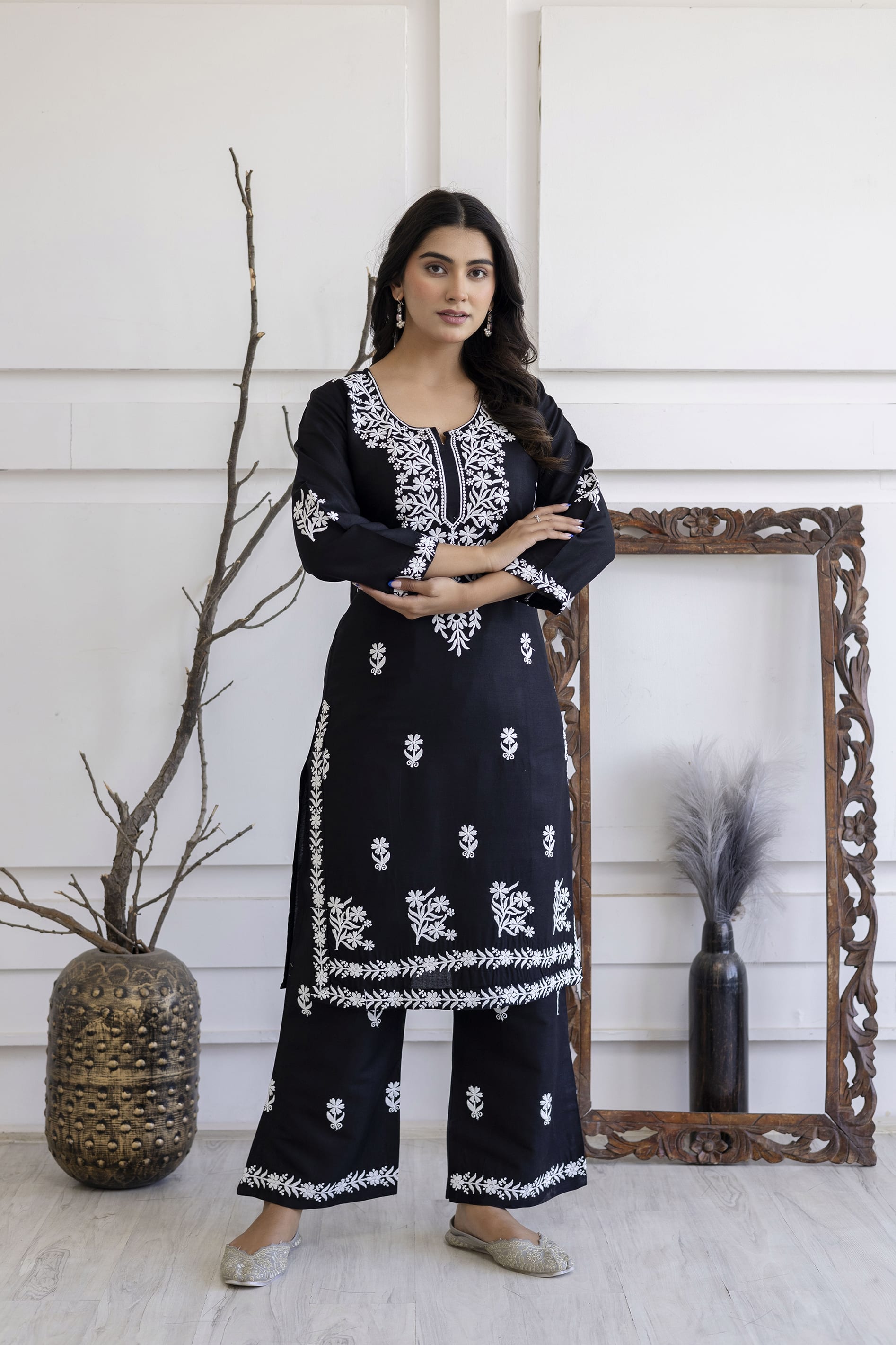 BLACK Women Embroidered Straight Kurta & Palazzos Set