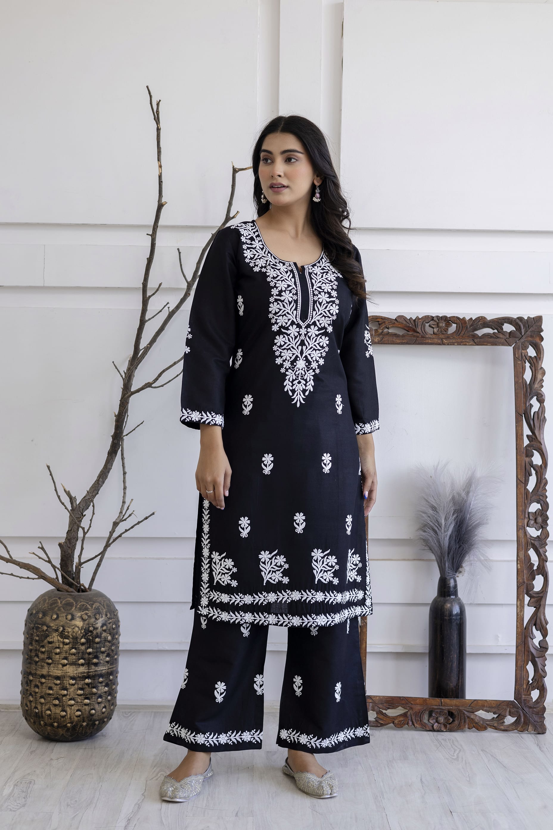 BLACK Women Embroidered Straight Kurta & Palazzos Set