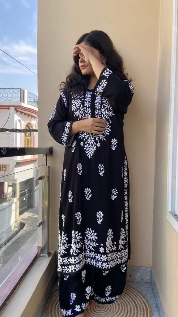BLACK Women Embroidery Chikankari Kurti Plazzo set