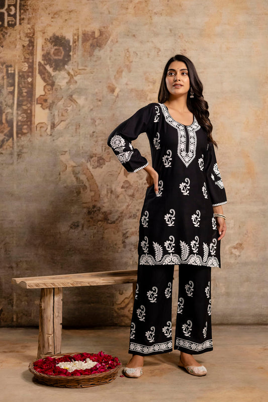 BLACK Women Rayon Ethnic Top Plazzo Set