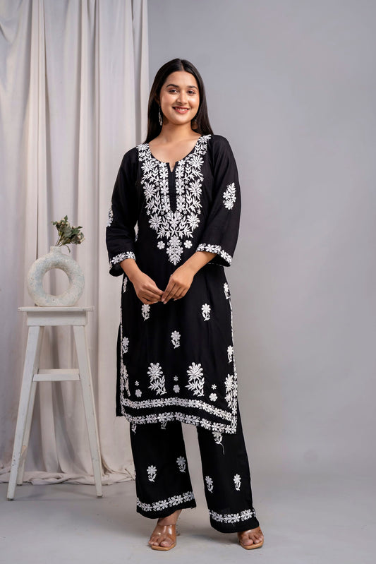 BLACK Women's Exclusive Kurti & Palazzo Set on Pure Rayon Fabric Chikan Suit