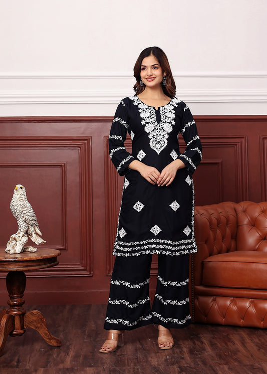 BLACK Women's rayon chikankari work straight kurta palazzo set for women