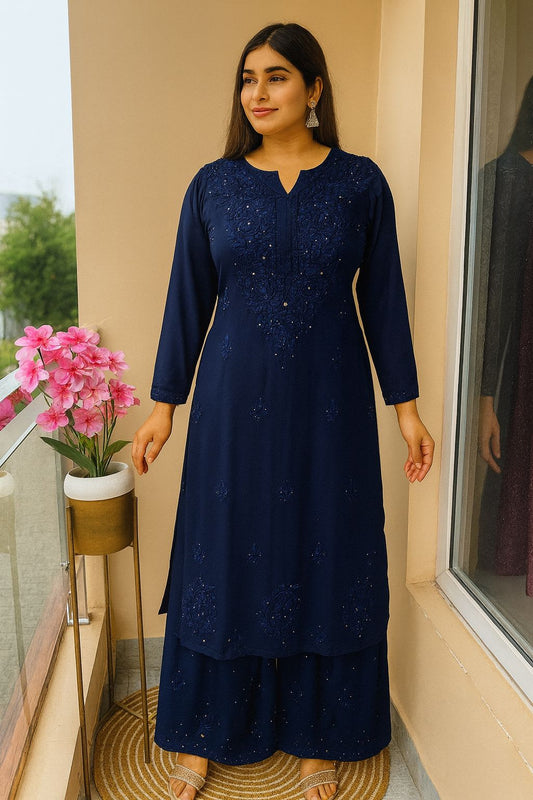 BLUE Chikankari Kurta and plazzo set with mukaish work