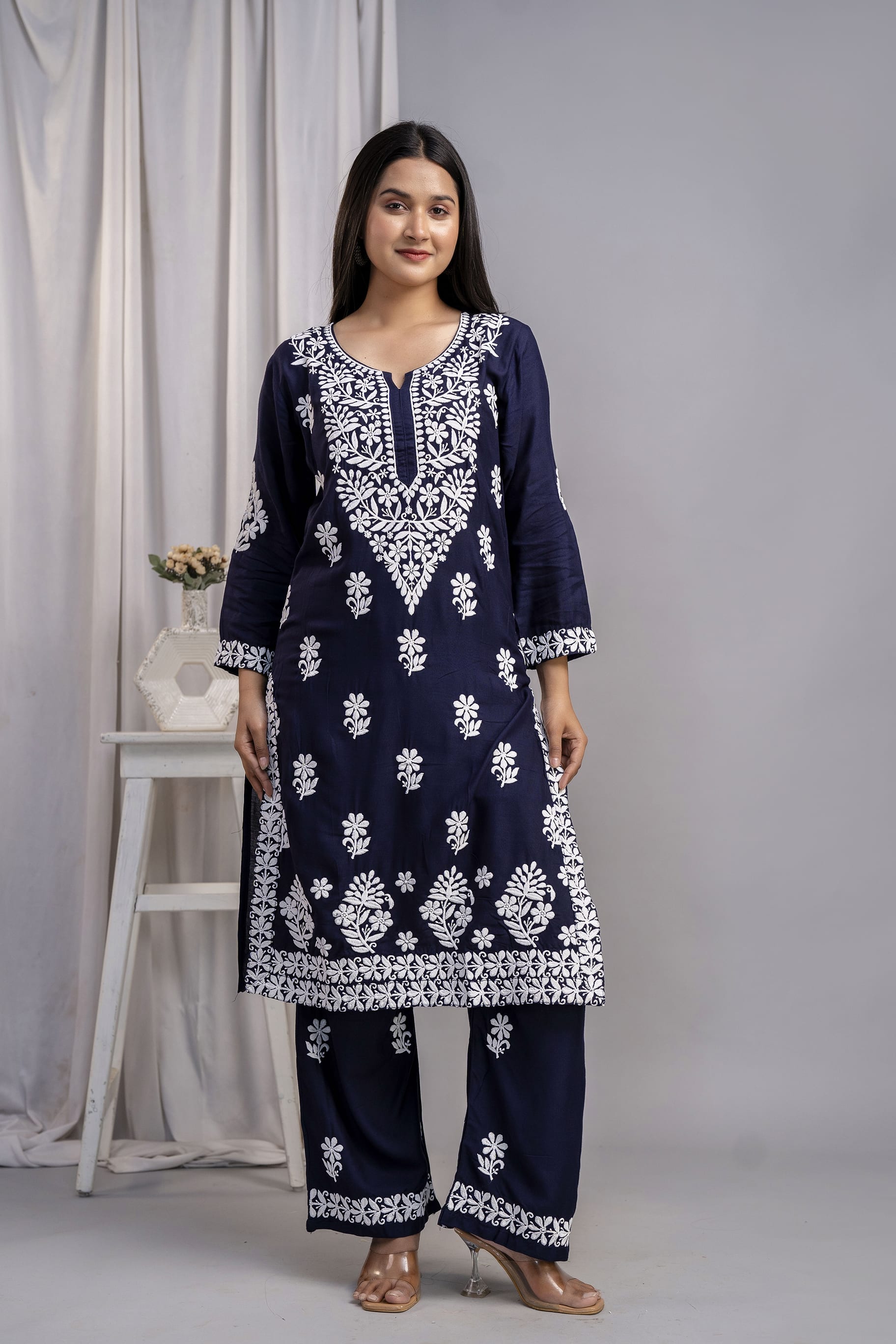 BLUE Chikankari Kurti and Plazzo Set for Girls and Women (Modal Kurti)