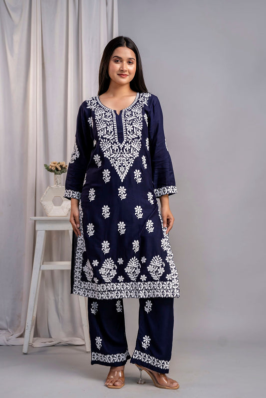 BLUE Chikankari Kurti and Plazzo Set for Girls and Women (Modal Kurti)