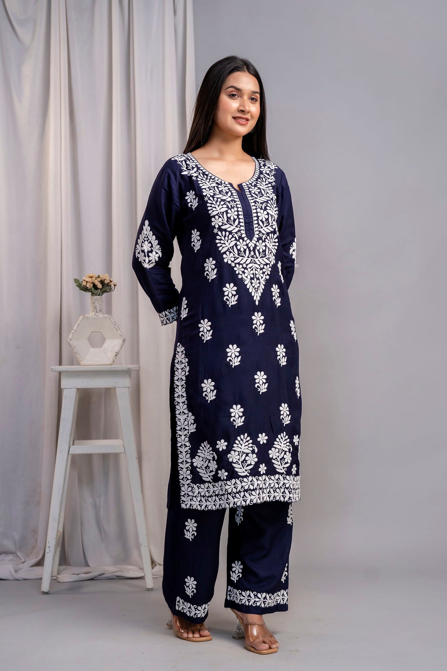 BLUE Chikankari Kurti and Plazzo Set for Girls and Women (Modal Kurti)
