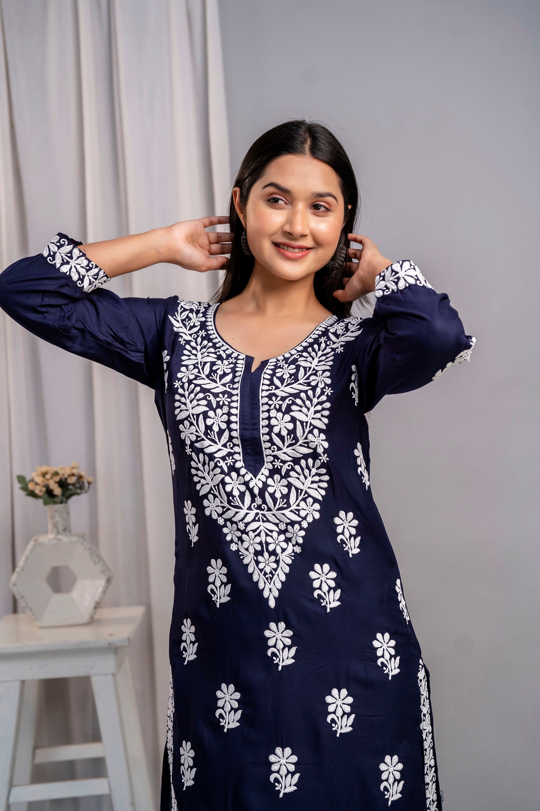 BLUE Chikankari Kurti and Plazzo Set for Girls and Women (Modal Kurti)