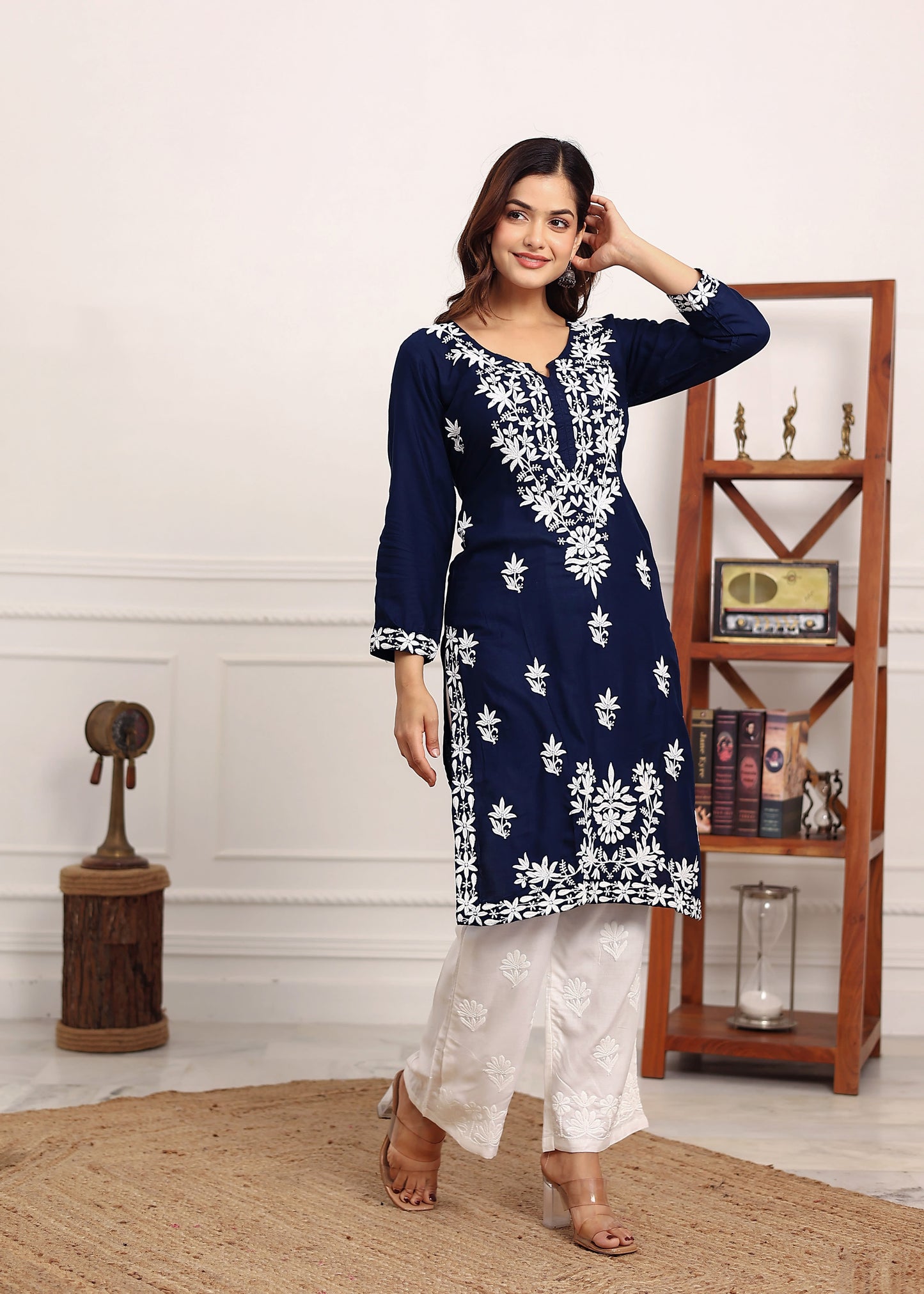 BLUE Elegant Chikankari Below Knee Length Kurti Plazo Set Perfect For All Occasion