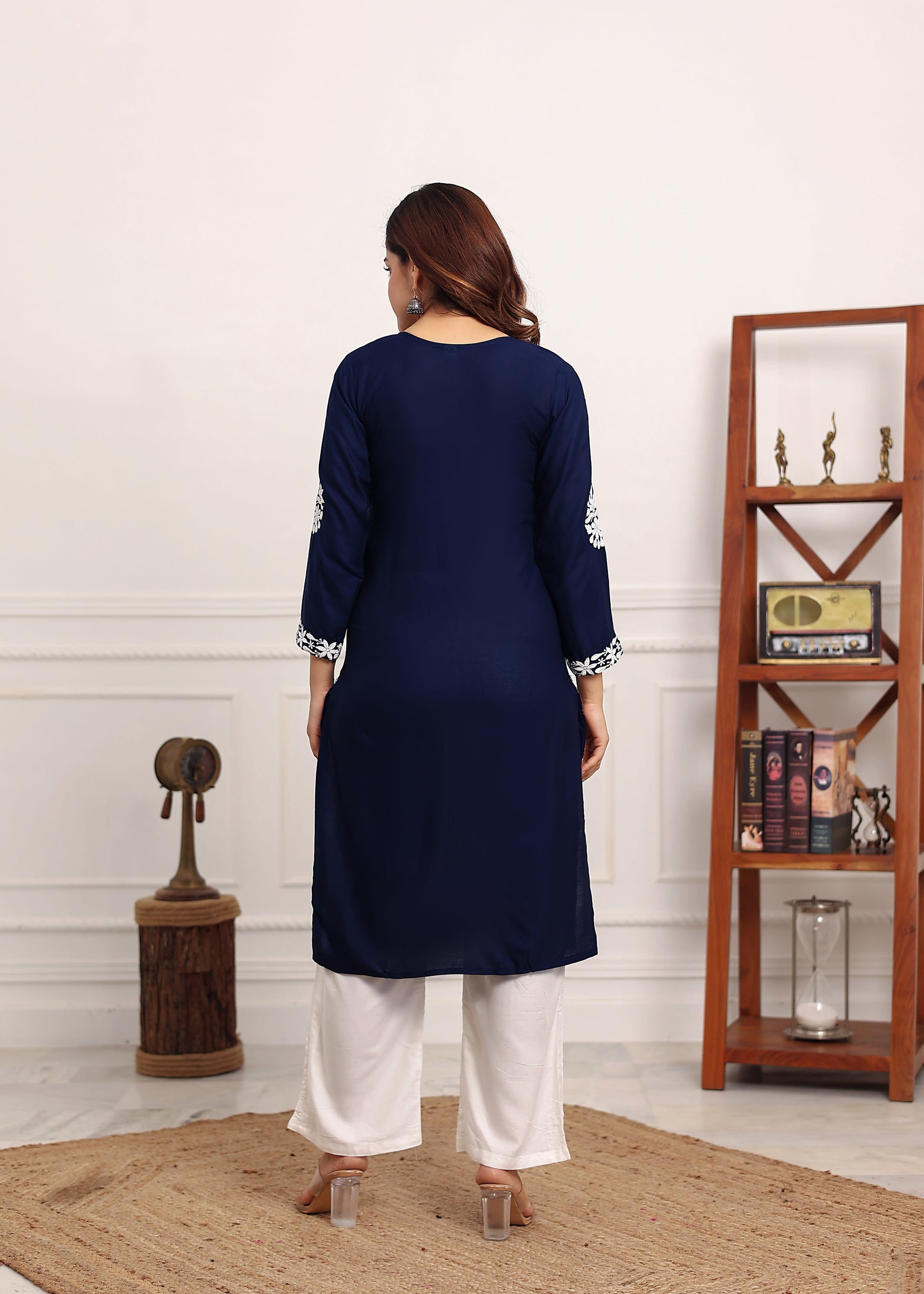 BLUE Elegant Chikankari Below Knee Length Kurti Plazo Set Perfect For All Occasion