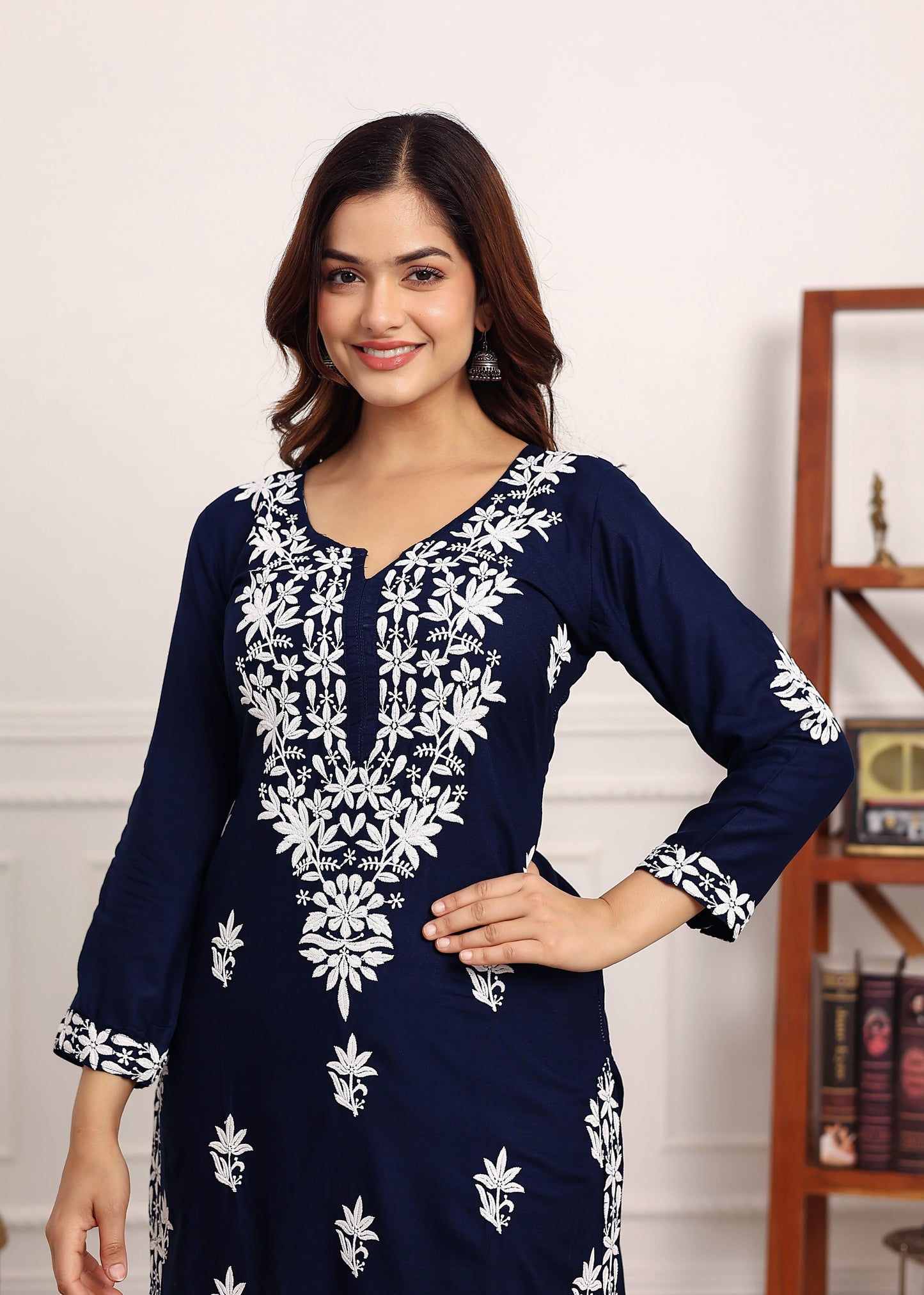 BLUE Elegant Chikankari Below Knee Length Kurti Plazo Set Perfect For All Occasion