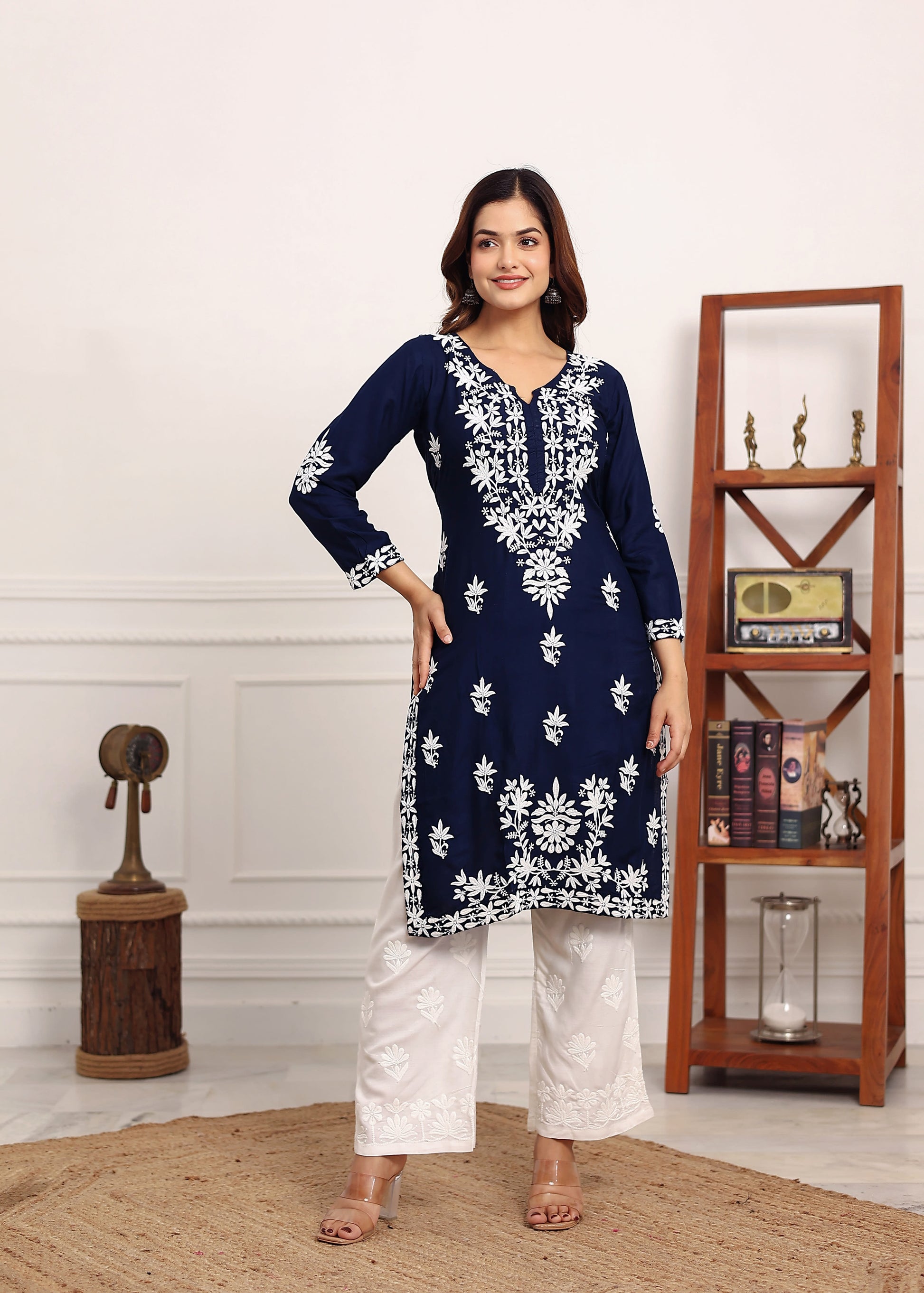 BLUE Elegant Chikankari Below Knee Length Kurti Plazo Set Perfect For All Occasion