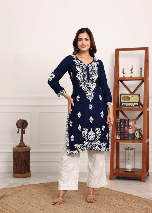 BLUE Elegant Chikankari Below Knee Length Kurti Plazo Set Perfect For All Occasion