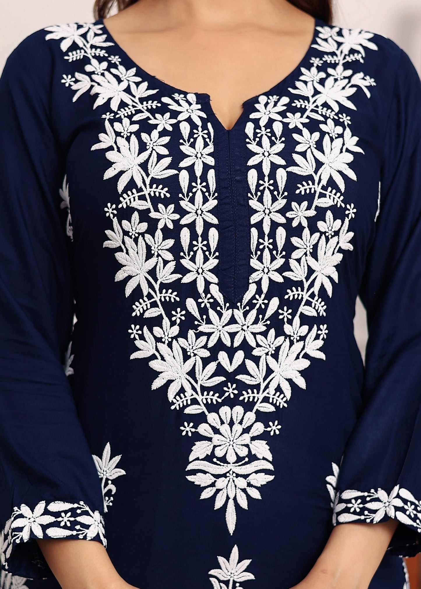 BLUE Elegant Chikankari Below Knee Length Kurti Plazo Set Perfect For All Occasion