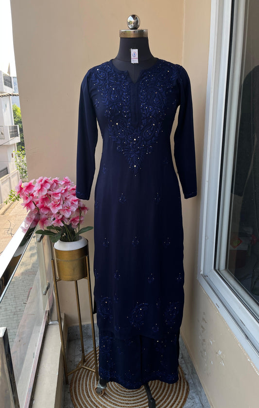 BLUE Floral Embroidered Notch-Neck Chikankari Kurta With Palazzos