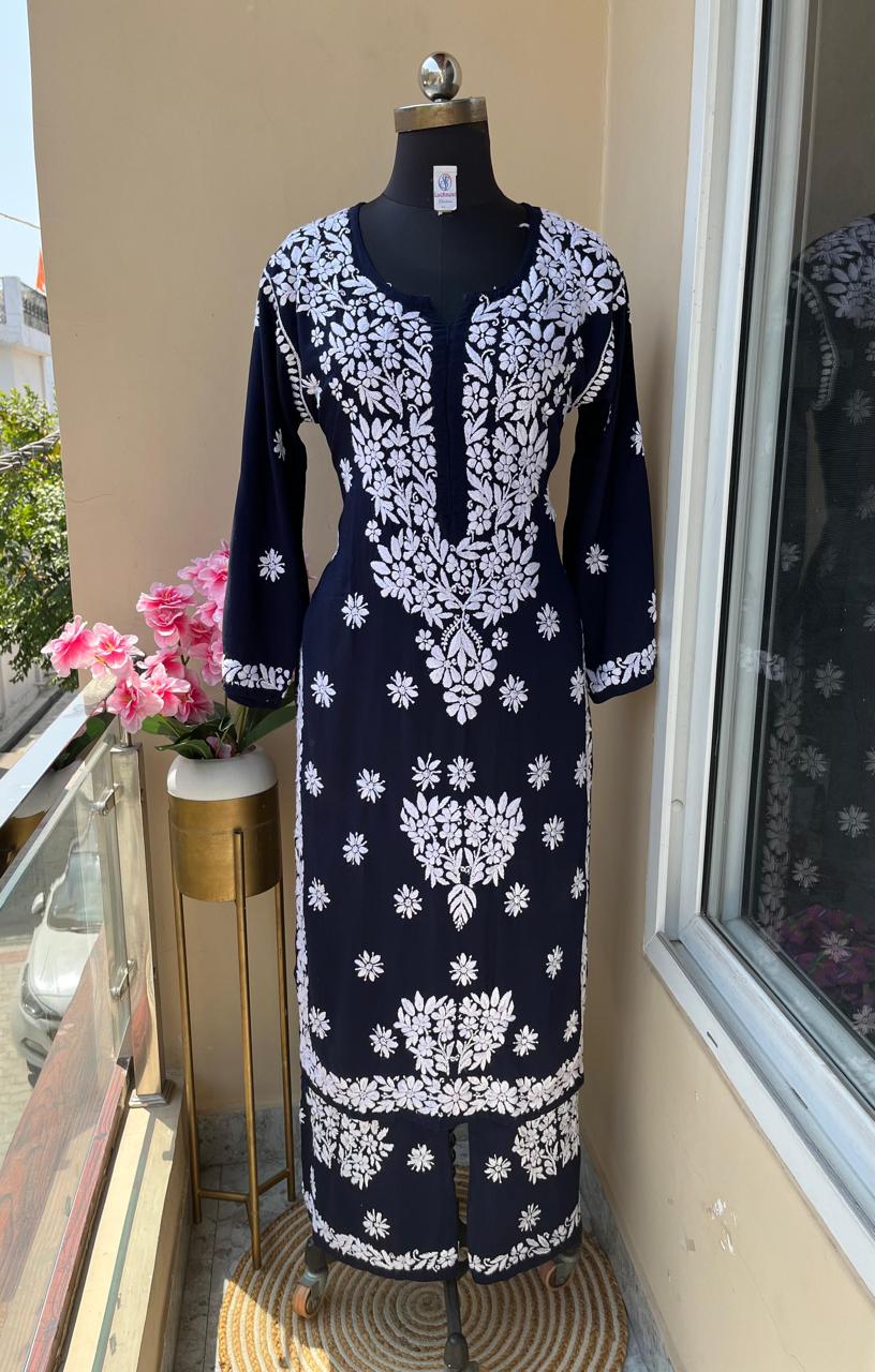 BLUE Long Chikankari Work Latest Rayon kurti wirh plazo set