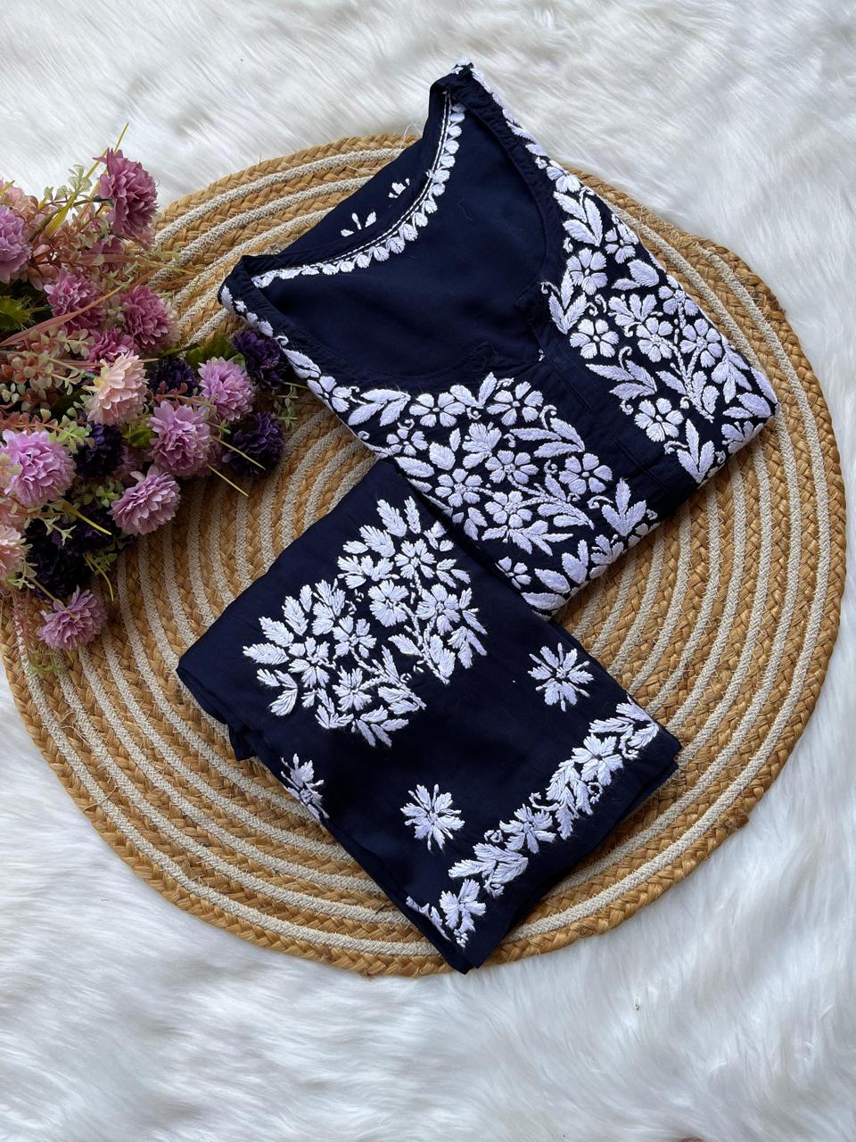 BLUE Long Chikankari Work Latest Rayon kurti wirh plazo set