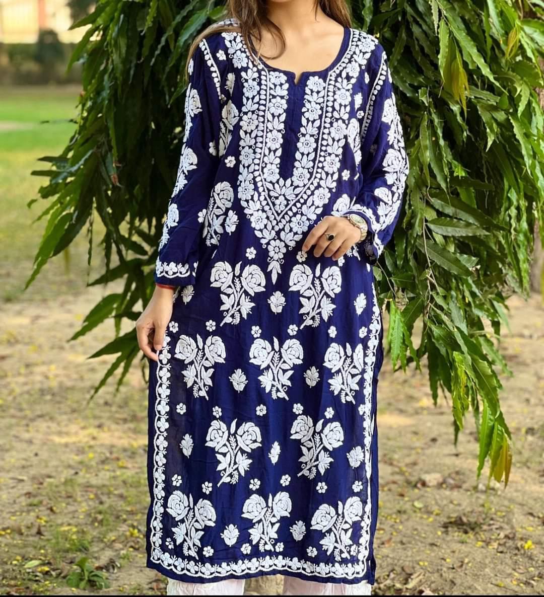 BLUE PURE RAYON ROSE MODAL KURTI WITH HEAVY WORK ON DAMAN AND SLEEVES AND PLAZZO SET