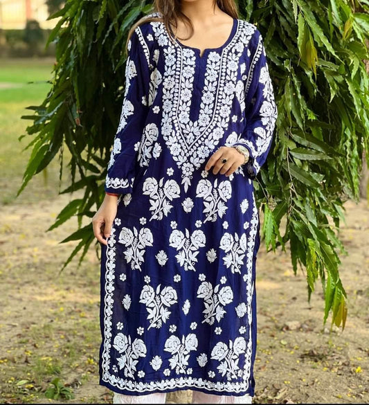 BLUE PURE RAYON ROSE MODAL KURTI WITH HEAVY WORK ON DAMAN AND SLEEVES AND PLAZZO SET