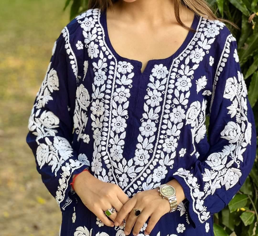 BLUE PURE RAYON ROSE MODAL KURTI WITH HEAVY WORK ON DAMAN AND SLEEVES AND PLAZZO SET