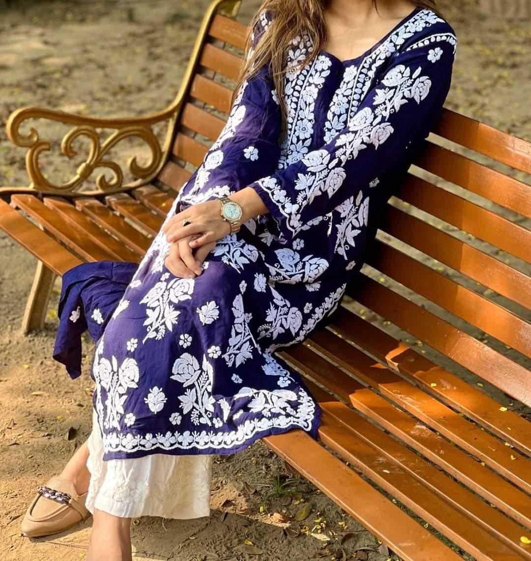 BLUE PURE RAYON ROSE MODAL KURTI WITH HEAVY WORK ON DAMAN AND SLEEVES AND PLAZZO SET