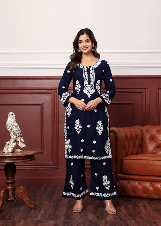 BLUE Premium Rayon Kurti Plazo Set