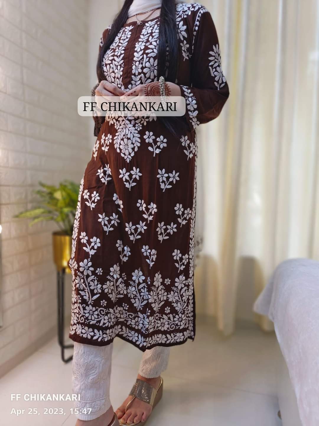 BROWN Womens Indian Model Kurti Beautiful work Entice Wear