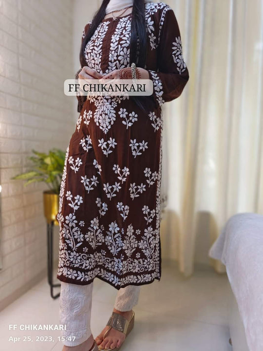 BROWN Womens Indian Model Kurti Beautiful work Entice Wear