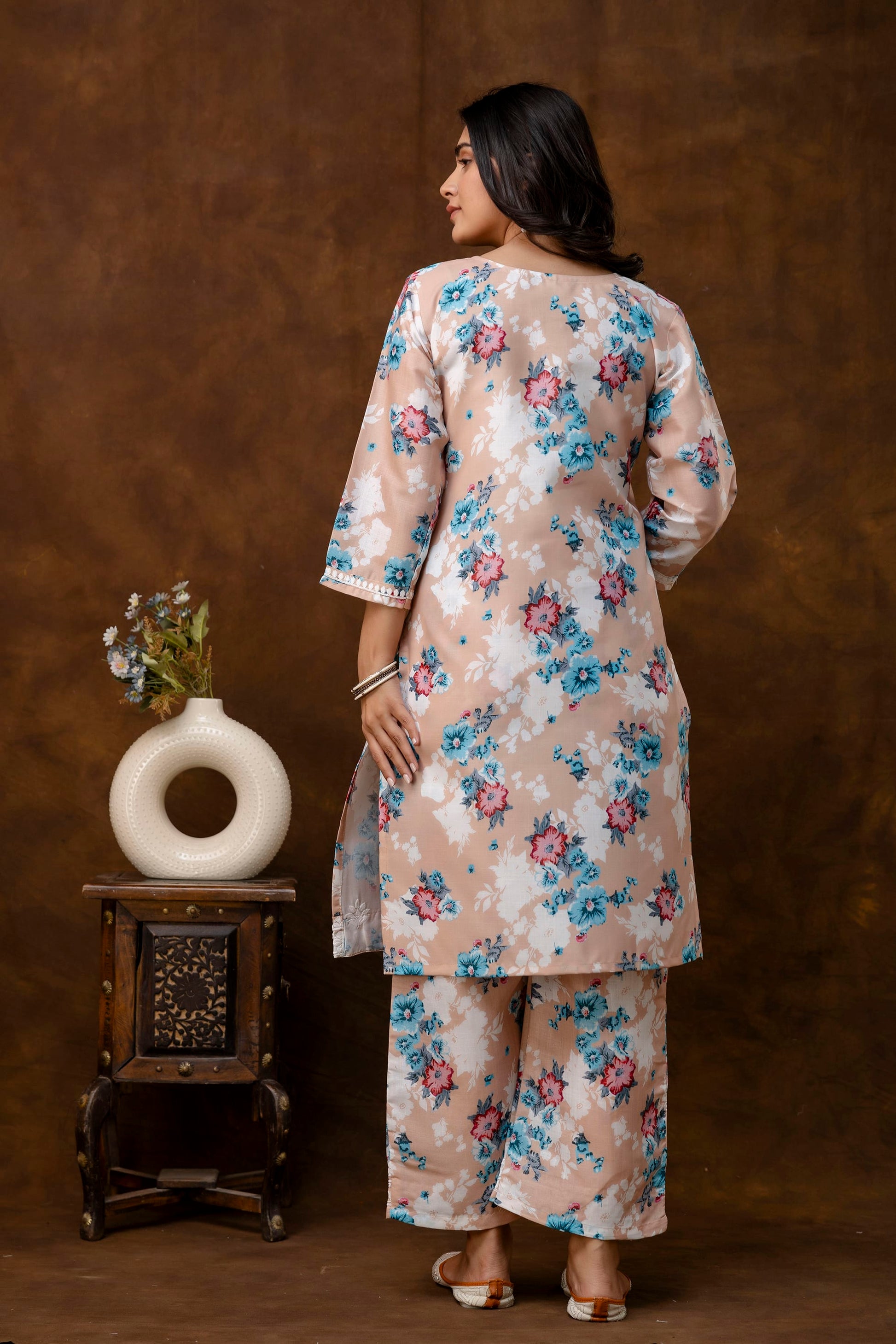 CHIKU cotton printed with chikanakri work kurti and plazo set