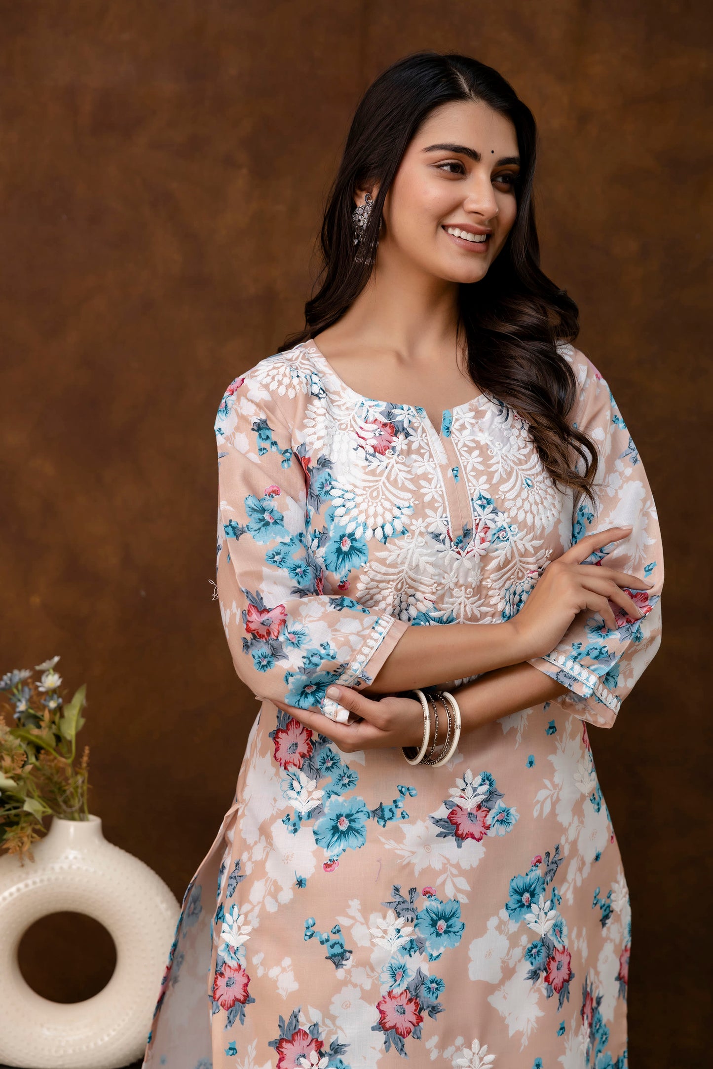 CHIKU cotton printed with chikanakri work kurti and plazo set