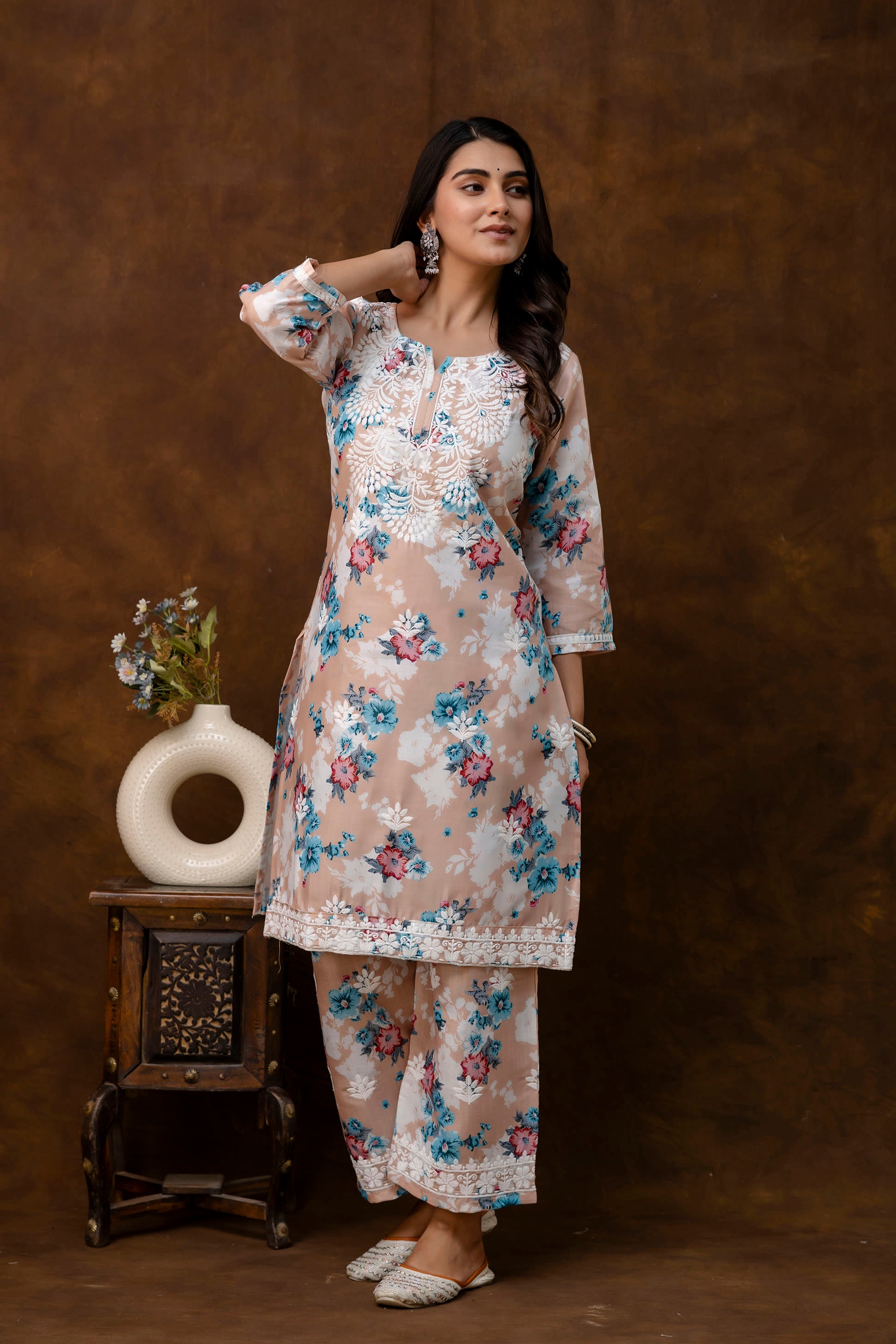 CHIKU cotton printed with chikanakri work kurti and plazo set